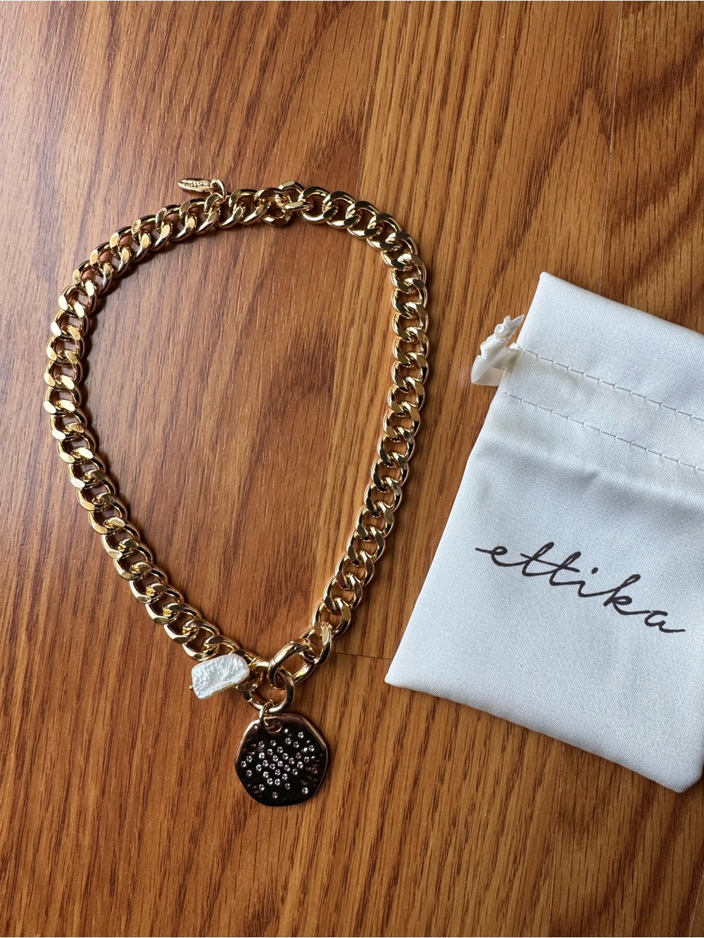 Ettika Gold Choker Necklace with Pavé Disc and Pearl Charm